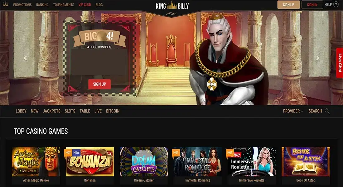 King Billy Casino's user-friendly interface for seamless navigation