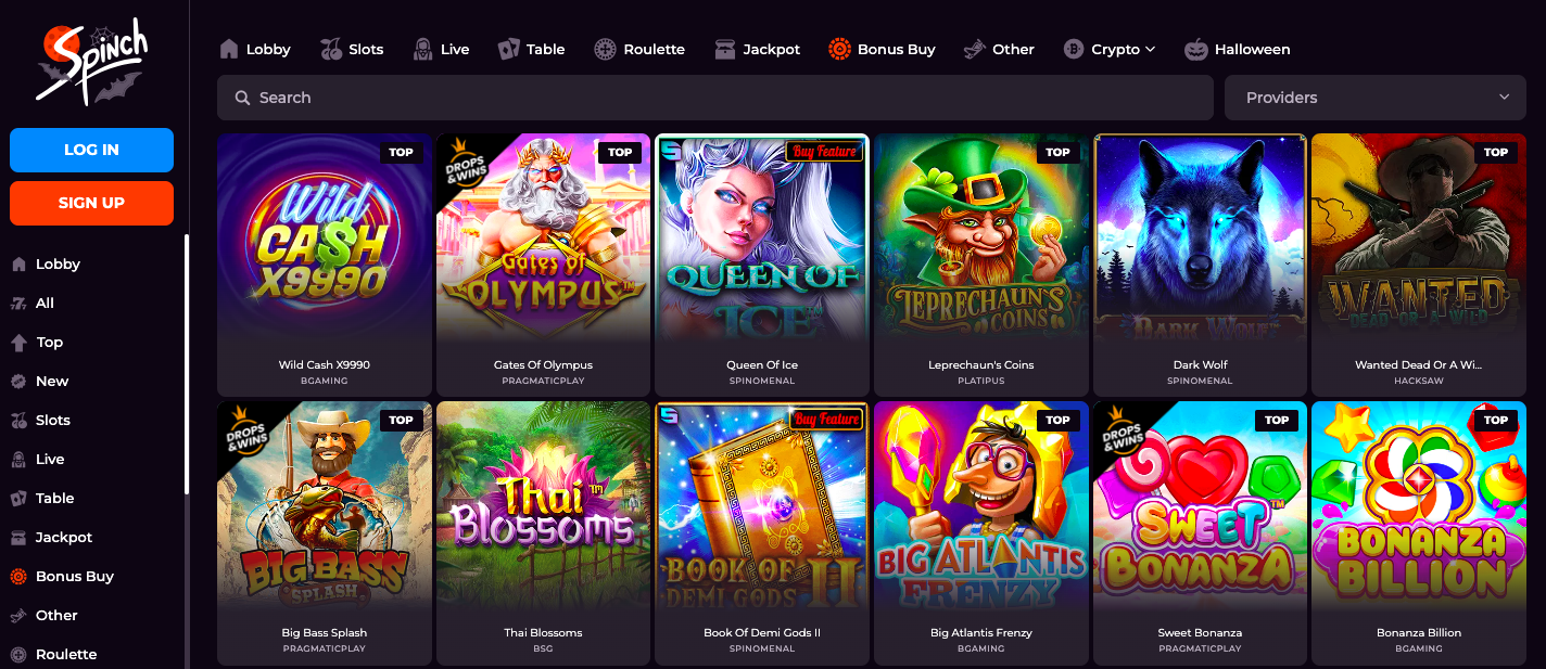 spinch casino homepage lobby